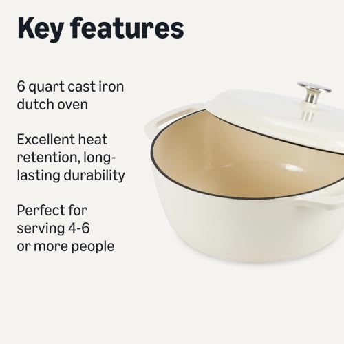 Image of Amazon Basics Enameled Cast Iron Dutch Oven Pot with Lid, Round, Dual Handles, Heavy-Duty, Oven Safe for Stews, Roasting, Baking, 6-Quart, White