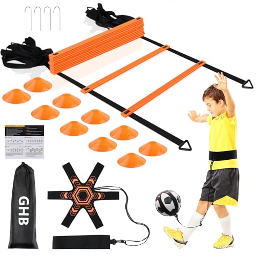 GHB Pro Agility Ladder Soccer Kick Trainer Set 20ft 12 Rung 10 Cones and 4 Stakes Speed Agility Football Training Equipment with Carrying Bag (Orange) by GHB - Used condition - US$16.14