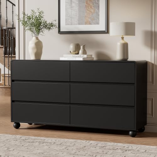 Image of Furniway Modern 6 Drawer Dresser for Bedroom, Black Dresser with Curved Profile Design, Minimalist Wood Chest of Drawers for Bedroom, Living Room, Hallway Entryway