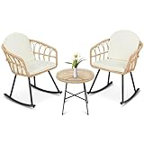 FUNKOCO 3 Pieces Patio Rocking Chairs Set, PE Wicker Patio Boho Furniture Bistro Sets, Rattan Woven Patio Conversation Sets with Washable Cushions and Glass Coffee Table for Balcony, Backyard, Outdoor