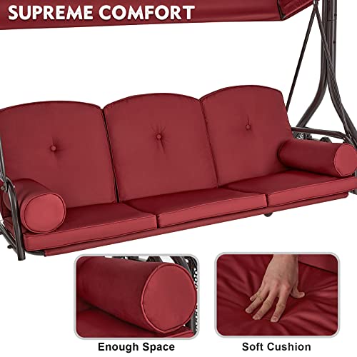 Image of HOMREST 3 Seat Outdoor Porch Swing with Adjustable Canopy, Convertible Patio Swing Bed with Stand, Patio Glider Swing with Upgraded Cup Holder, Thicken Cushions ＆ Pillow for Backyard(Wine Red)