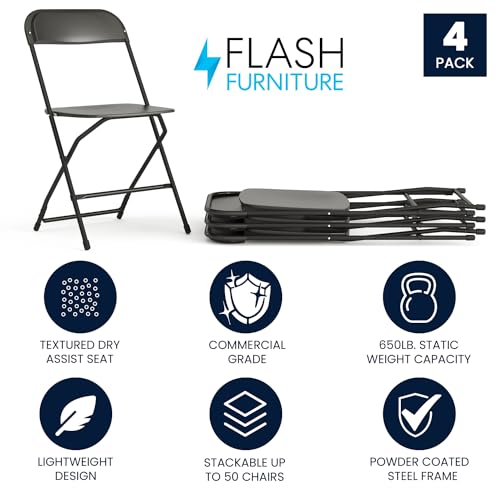 Image of Flash Furniture Hercules Series Plastic Folding Chairs for Parties and Weddings, Stackable Commercial Event Seats with 650-lb. Static Weight Capacity, Set of 4, Black