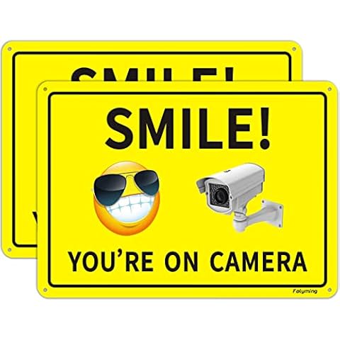 Smile You Are On Camera Signs CCTV Smiley Surveillance Signs 10 x 7 Inches Warning Safety Video Security Sign Metal Rust Aluminum Fade Resistant Easy Mounting Indoor Outdoor Use 2 Pack Cover