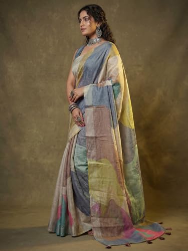 Image of AKHILAM Women's Floral Printed Handloom Cotton Silk Saree with Zari Border and Tassel Pallu Unstitched Blouse Piece | Traditional Ethnic Wear Sarees | Women saree silk | Festive Sari Women's
