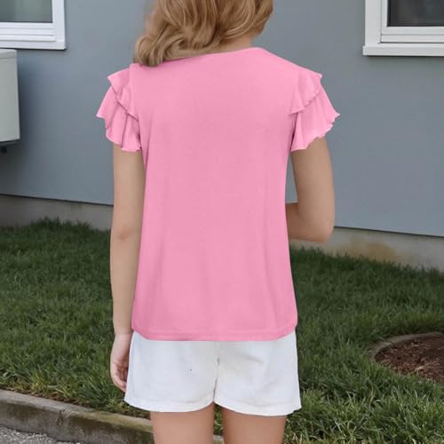 Girls Pleated Ruffle Short Sleeve Shirts Kids Summer Crewneck T-Shirts Fashion Tops Tees 5 to 14 Years2
