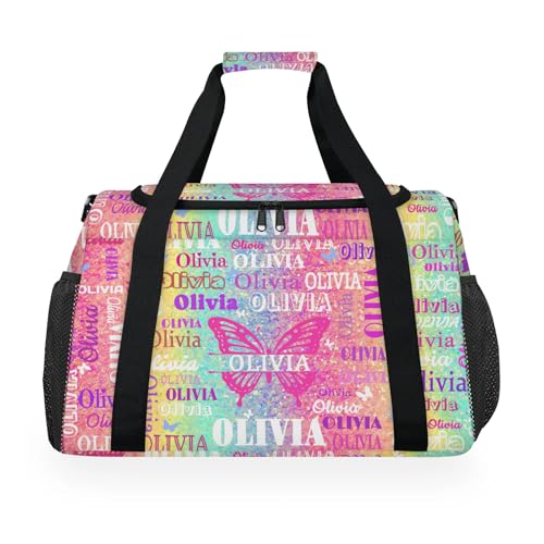 Custom Sports Duffel Bag Name Butterfly, Personalized Waterproof Sleepover Carry on Practice Travel Bags, Bright Colorful Rainbow Pink Yellow Aqua Striped