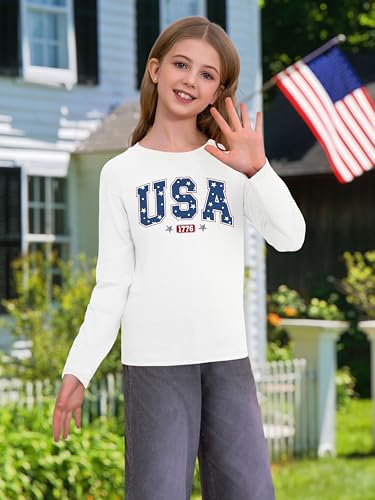 Image of Ithalt 4th of July Outfit Kids Girls American T Shirt USA T-Shirt Fourth of July Tops Patriotic Long Sleeve Tops