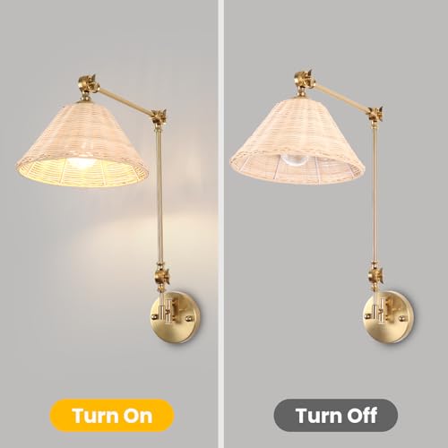 Image of Woven Hardwiring Wall Sconce Set of 2, Rattan Swing Arm Wall Lamp, Gold Vintage Bedside Light Fixture, Hand Woven Boho Sconces for Bedroom, Living Room.