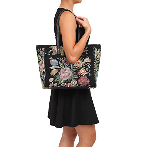 Mellow World Flower Shop Embroidered Hand Beaded Detailed Vintage Tapestry Tote Handbag For Women, Black #TOP4