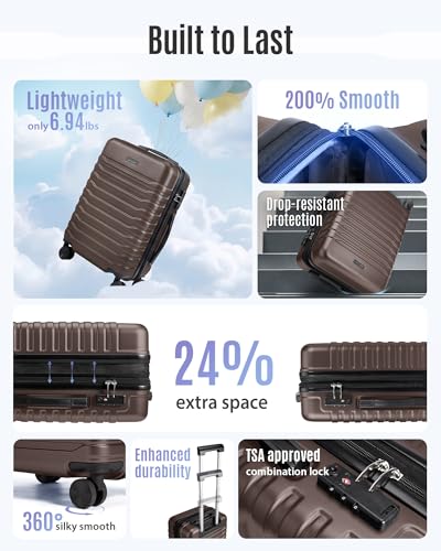 Image of LIGHT FLIGHT Expandable Carry On Luggage 22x14x9 Airline Approved with Double Spinner Wheels, 20 Inch Lightweight Hard Shell Rolling Suitcases with TSA Lock, Brown