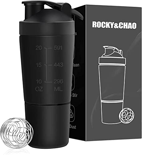 ROCKY&CHAO 700ML Protein Shaker with 200ml Storage Cup, Metal Protein Shaker With Mixball, BPA Free&Leak-Proof Shaker Bottle For Protein Shakes, Stainless Steel Shaker with Storage&Shaker Ball, Black