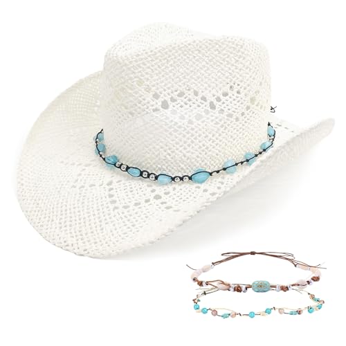 Mens Womens Straw Cowboy Hat Western Cowgirl Hat Wide Brim Hollow Out Sun Beach Hat with Three Decorative Bands (US Alpha One Size White)