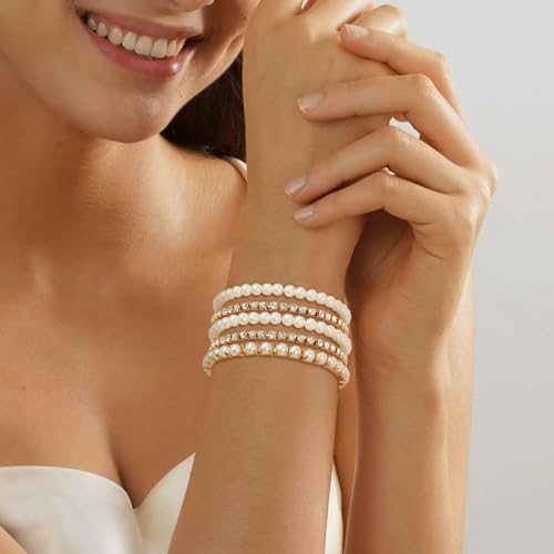 Long tiantian Pearl Bracelets for Women Pearl Jewelry Crystal Rhinestone Bangle Bracelets for Women Beaded Stretch Strand Stackable Bracelets Wedding Jewelry for Brides2