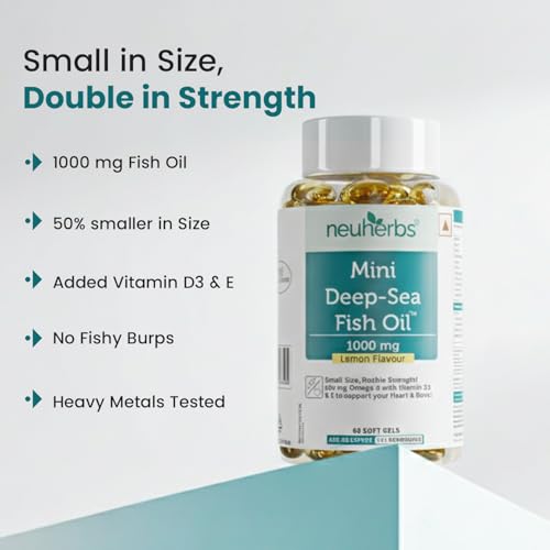 Neuherbs Mini Deep Sea Omega 3 Fish Oil Capsules 1000mg Supplement | EPA - 360mg, DHA - 240mg | With Vitamin E & D3 | Supports Heart, Brain, Muscle & Joint Health| Lemon Flavour - 60 Softgels