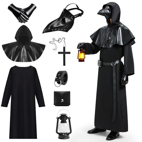 IEEILULU Disfraz Medico Peste Negra, Disfraz Doctor Peste, Disfraces para Halloween Hombre con Mascara, Bolsa de Cuero para la Cintura y Farol de Mano, Medieval Steampunk Disfraz para Hombre (M)