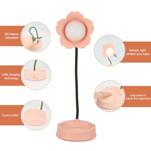 LED Flower Desk Lamp Cordless Table Light - Desk Lamp for Children 3 Color Modes Dimmable Table Light, Touch Control Reading USB, Cordless Lampshade Table Lights for Reading, Learning (Pink) - Image 5