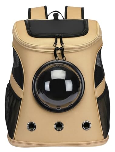 リュック 半球透明カバー キャリーバッグ ショルダーバッグ 通気口 ペットキャリー 明るい 猫用バッグ お洒落 通院用 旅行 取り外し可能 散歩出かけ 防災 変形しない 折り畳み 飛び出し防止 持ち運びが簡単 四季通用 (カーキ, 39x29x45cm)