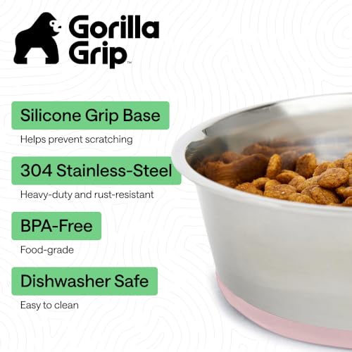 Image of GORILLA GRIP Dog Bowls, Food Grade 304 Stainless Steel, Holds 8 Cups Each (64 fl oz) Food and Water Bowl for Feeding Dogs and Cats, Dishwasher Safe, Rust Resistant, BPA Free Rubber Base Set of 2 Pink