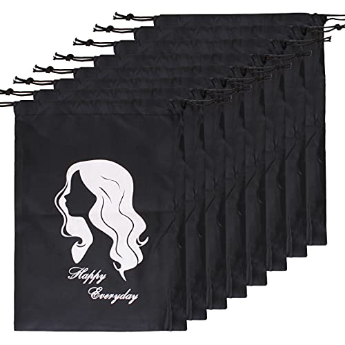 COOKOO 8 Pcs Hair Storage Bag With Drawstring for Women,Large Bags for Hair Extensions,Hair Bundles,Headband Wigs,Lace Wig,Hair Tools,Satin Pouches Gift Bags and Travel Bags(Black)