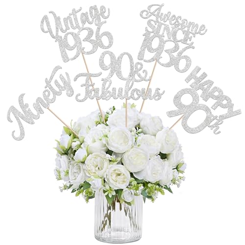 Image of 15 PCS 90th Birthday Centerpiece Sticks Ninety Happy 90 Vintage 1936 Table Flower Centerpieces Sticks Cheers to 90 Fabulous Floral Decorations for 90th Birthday Party Supplies Silver