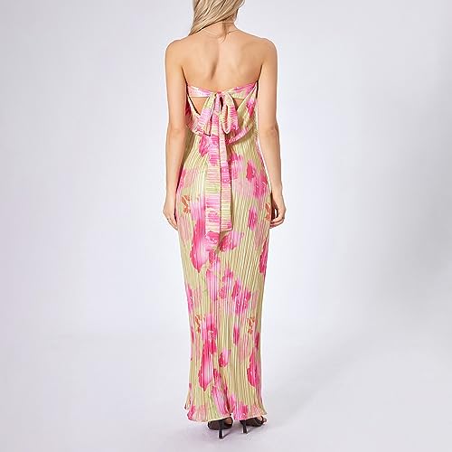 KMBANGI Womens Pink Floral Pleated Tube Maxi Dress Sleeveless Off Shoulder Strapless Backless Party Dress S, M, L, XL3