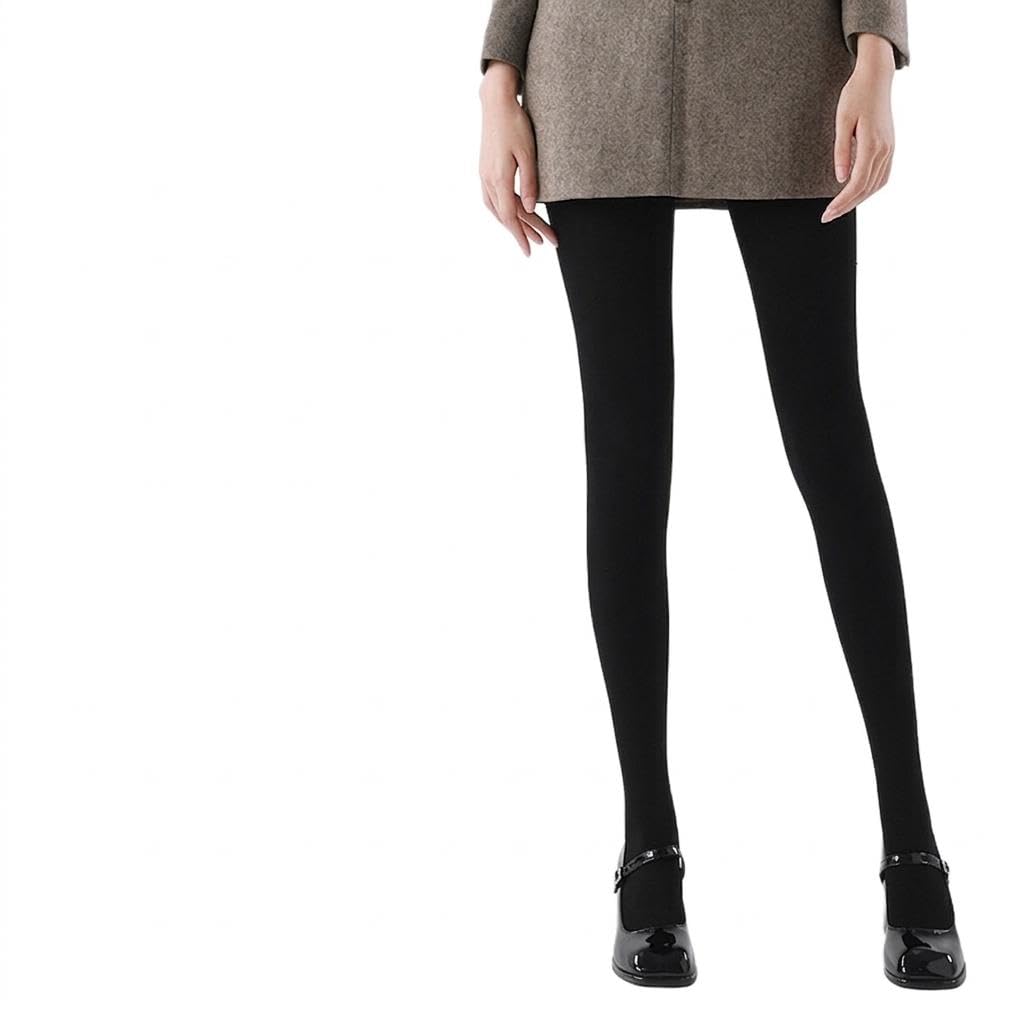 Thermal Leggings Women with Fleece Lined Opaque Tights for Autumn Winter, Ribbed Texture Design for Slimming Effect, Warm Footless Black Footed Black-image-1