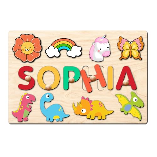 名前パズル 子供用 パーソナライズ カスタム誕生日ギフト 裏面に刻印された文字入り 赤ちゃん/女の子/男の子向け 木製パズル 裏面に文字の刻印入り 1-3歳