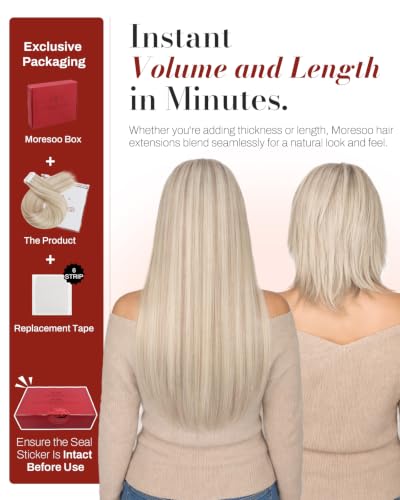 Image of Moresoo Invisible Tape in Extensions Human Hair Ash Blonde 24in 10Pcs 25g | Hair extensions tape in, extra-long partial set, ash blonde and platinum strands, flat tabs for photo shoots and events