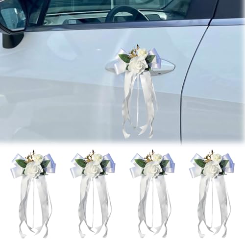 Just Married Car Decorations Wedding Car Door Handle Flowers White Artificial Flower Bowknot Ribbons for Rearview Mirror Bridal Vehicle Bouquet Decor Kit for Bride and Groom SUV Truck