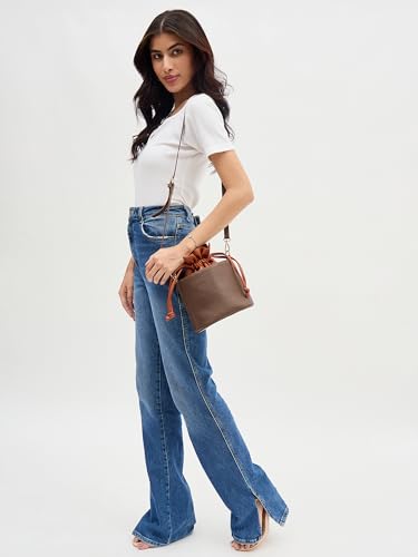 Image of white lily Women's Bucket Bag with Drawstring, Black and Brown Two-Tone, Adjustable Shoulder Strap