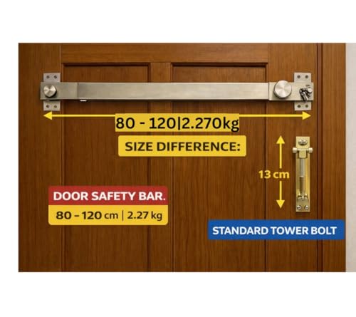 Image of Heavy Duty Door Security Bar Adjustable 80-120 cm | Stainless Steel Safety Lock for Main Door | Additional Lock to Door| Drill /Hammer Fixed |Extra Door Protection