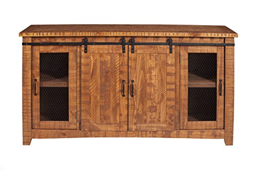 Martin Svensson Home 65" Solid Pine Wood Entertainment Center with Storage. Rustic TV Stand for TVs up to 70." Sliding Doors, Adjustable Shelves & Cable Management – Honey Tobacco Finish