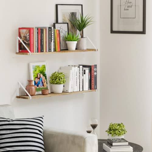 Image of OrganizeMee Wooden Book Shelf Wall D�cor,Floating Shelves for Living Room Kitchen,Bedroom,Decorative Items,Pine Wood Planks Metal Mounting Brackets,Polished,Size(46 Inch X 6 inch White Bracket) Qty:1NOS