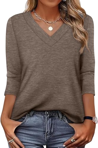 3/4 Length Sleeve Womens Tops V Neck T Shirts Quiet Luxury Clothes Womens Blouses...