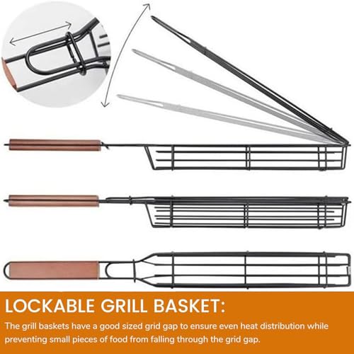 Image of Permafrost BBQ Grill Basket for Home (Pack of 1) Foldable Non-Stick Barbecue Grill with Wooden Handle Powder Coated Stainless Steel Mesh Tandoori Chicken & Vegetable Griller Portable Outdoor Barbeque Tool for Travel Camping & Cooking