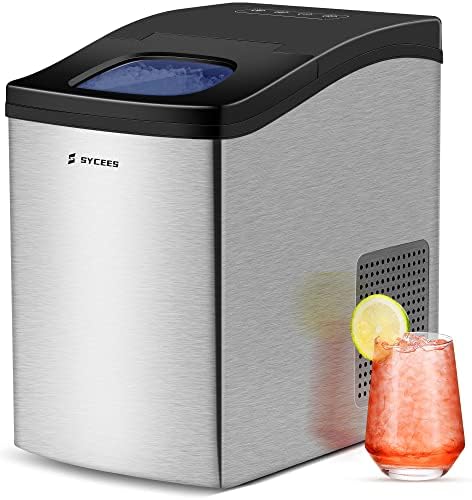 SYCEES Portable Nugget Ice Maker Countertop, 33lbs/24h, 5lbs Ice Storage, Sonic Ice Ready in 10 Mins, Self-Cleaning, Touch Control, Stainless Steel Pellet Ice Machine for Home Kitchen, Bar, RV, Office