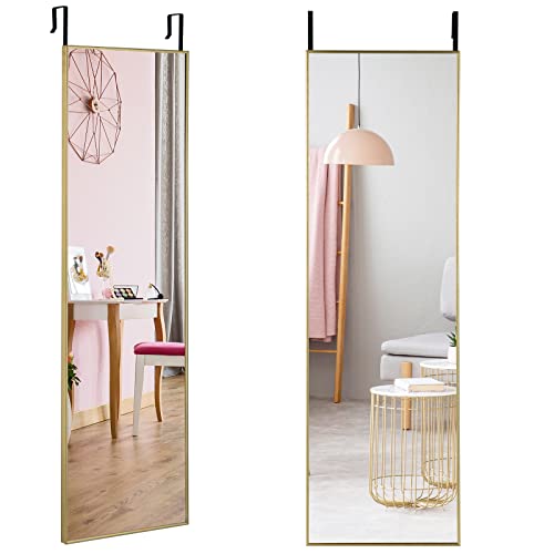 RELAX4LIFE Over the Door Mirror, 120 x 37cm Full Length HD Glass Mirror with Hooks, Wall Mounted Hanging Mirror for Bathroom Bedroom Wardrobe(Gold)