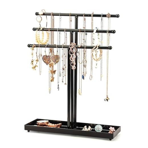 BELLE VOUS Organizador de Joyas Metal Negro 3 Niveles con Bandeja Base de Almacenamiento - Colgador Collares de Sobremesa - Porta Joyas para Collares, Brazaletes, Anillos, Relojes y Pendientes