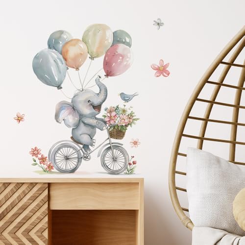 Image of Baby Elephant with Balloons Wall Stickers for Kids Baby Wall Stickers for Kids Room Bedroom Playroom Nursery Living Room Decor Wall Art Wall Decoration Boho