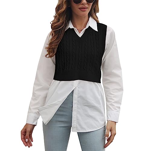 Lailezou Women's V-Neck Knit Sweater Vest Solid Color Argyle Plaid Preppy Style Sleeveless Crop Knit Vest4