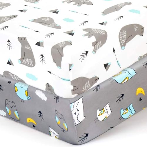 Image of Pack n Play Sheets, BROLEX 2 Pack Mini Crib Sheets,Stretchy Portable Fitted Playard Sheet Set, Convertible Playard Mattress Cover,Ultra Soft Breathable Material,Owl & Bear