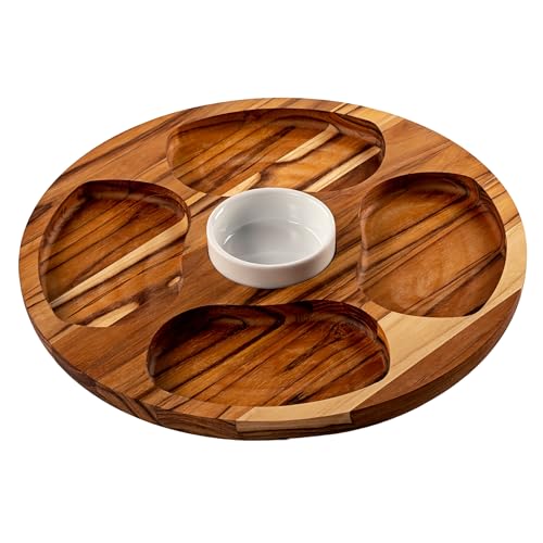 Erreke Bandejas para Servir Comida, Bandeja Madera, Madera de Teca Natural, Resistente, Ideal Carnes, Pollo, Embutidos, Tapas, Cuenco para Salsas, 4 Compartimientos, 35.5x35.5x2.4 cm