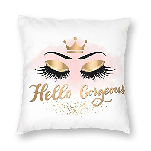 Gold Eye Eyelash Crown Hello Gorgeous Throw Pillow Covers, Super Soft Square Cushion Case with Zipper Closure, Plush Cozy Pillow Case for All Seasons Use Decorative Cushion Covers for Home Office Car