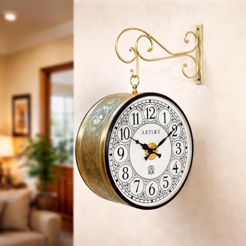 Image of Handcrafted Double Side Metal Analog Vintage Wall Clock | 1.5 Year Machine Warranty | 12 INCHES | 1 Side Number 1 Side Roman,Color Golden