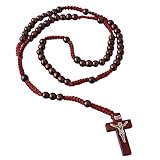 Katholisches Kreuz Rosenkranz Halskette, Naturholz Gebetskette mit Medaille Kreuz Jesus Christus Heiliger Benedikt, für katholische Christen Religiöse Kommunion, Taufe, Messe, Bibel (Rot)