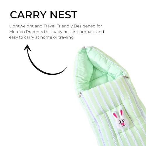 Image of VoiDrop Cotton Baby Sleeping Bag for Newborns Soft & Cozy Infant Carry Nest | Baby Portable Travelling Bed for Baby Carrying & co Sleeping, Unisex Baby Sleeping Bed | Stripe Print in Green Color