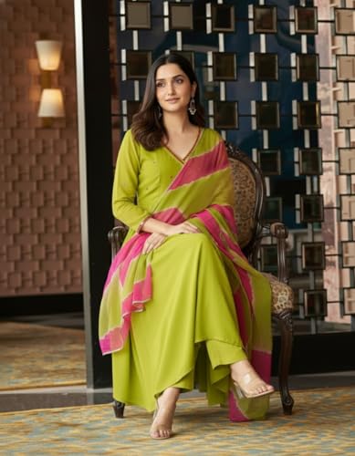 Image of ANNI Designer Women Rayon Viscose Anarkali Kurta with Pant and Dupatta | Mirror Work Long Kurta Set | Ladies Ethnic Wear Traditional Clothing for Women