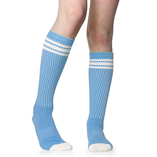juDanzy Calcetines de tubo a rayas hasta la rodilla para bebés y niñas con empuñaduras, Azul/Blanco (Columbia Blue/White), 2-4 años