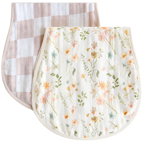Image of LifeTree Muslin Baby Burp Cloths - Soft 2 Pack Viscose Bamboo Cotton Large 22'' by 10'' Absorbent Milk Spit Up Rags - Burping Cloths for Newborn, Girls Boy (Floral & Checkerboard)