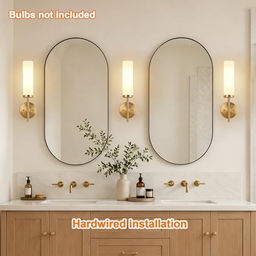 Image of [Hardwired] Wall Sconces Set of Two, Brushed Gold Bathroom Sconces with Milky White Glass, Modern Wall Light Fixtures for Bathroom Mirror Vanity, Living Room, Hallway, Stairway, Cabinet, Foyer